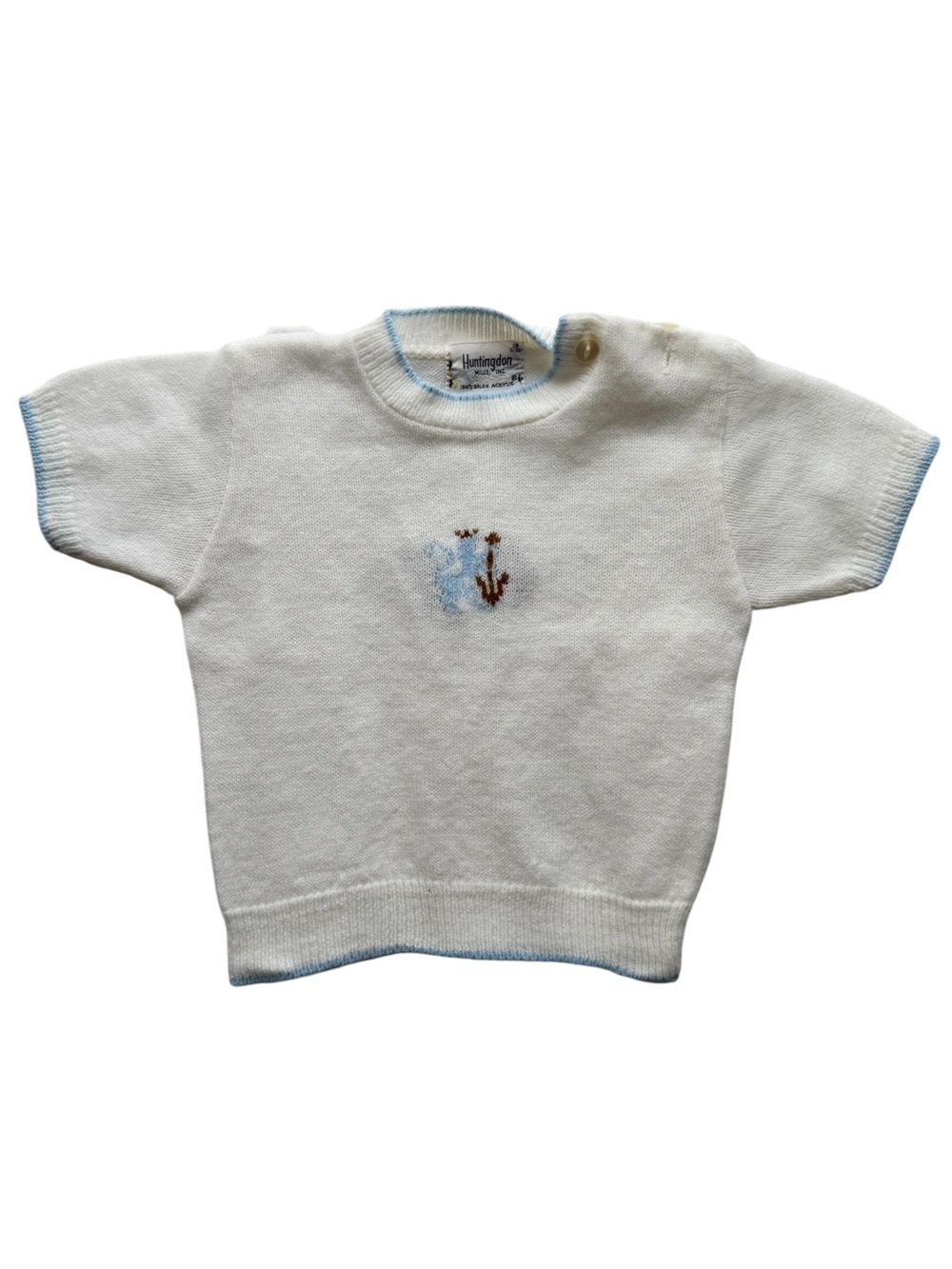 Vintage Huntingdon Mills baby Cream Short-Sleeve Sweater with Blue Trim